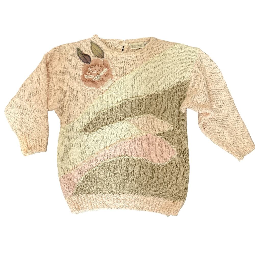 Vintage Selection Floral Applique Knit Sweater Pink Textured Knit Cottagecore L